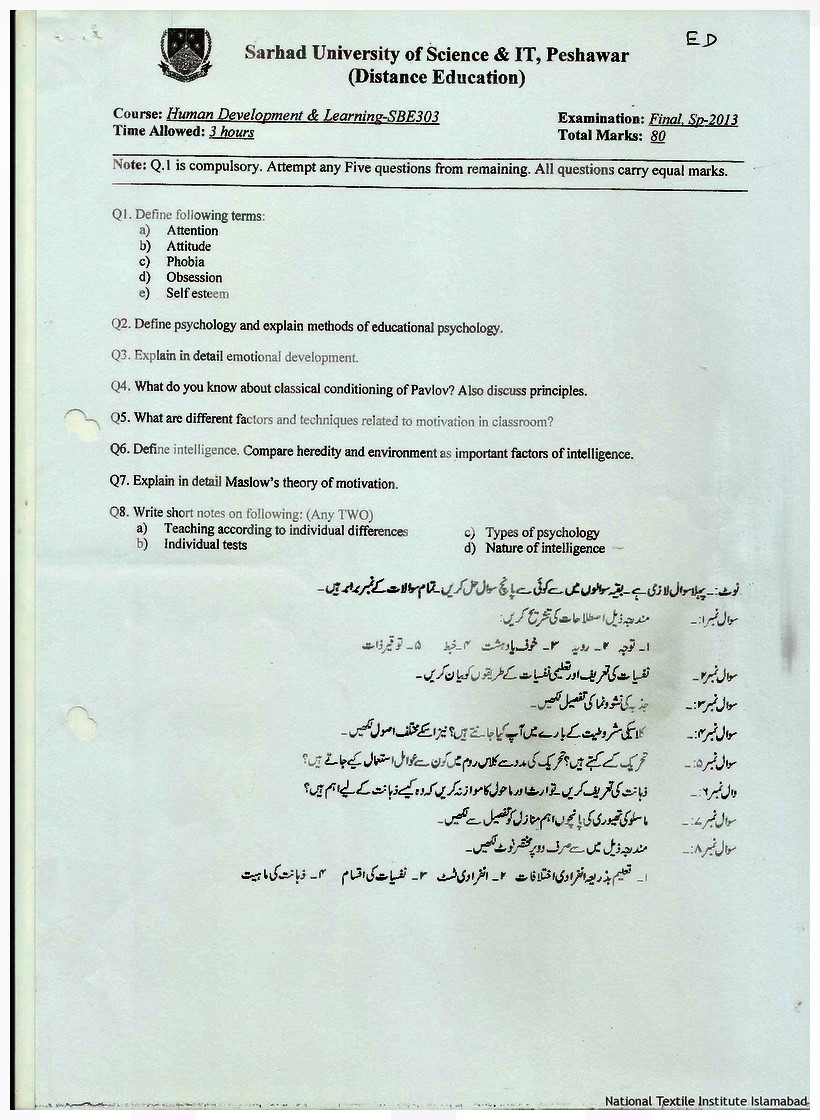 MA M.Sc Psychology Past Papers 2024 Download PDF