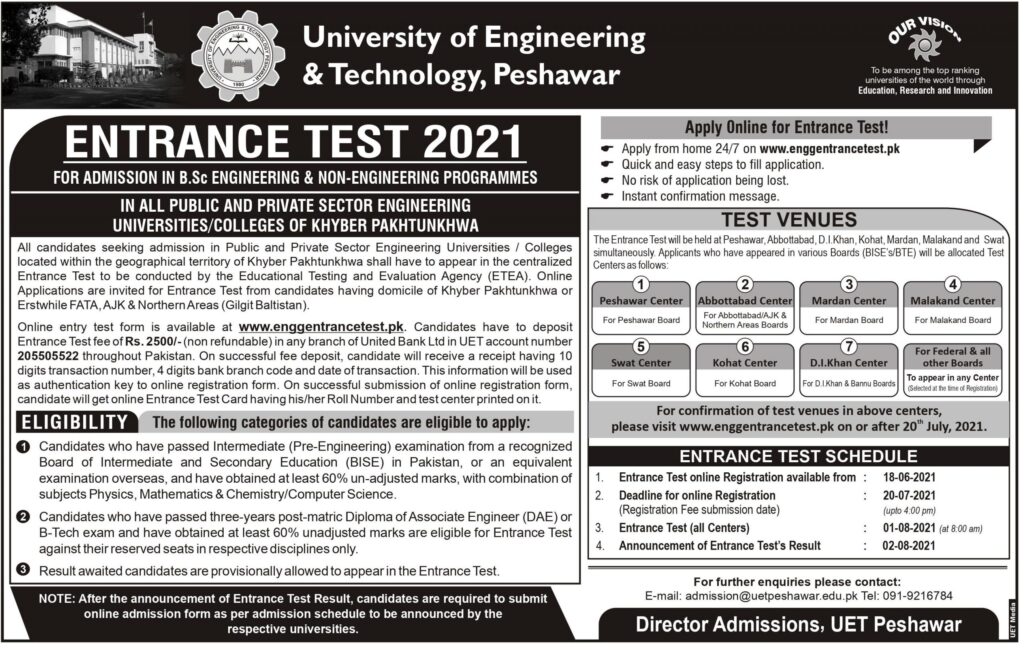 UET Peshawar Entry Test 2021 ETEA Online Registration