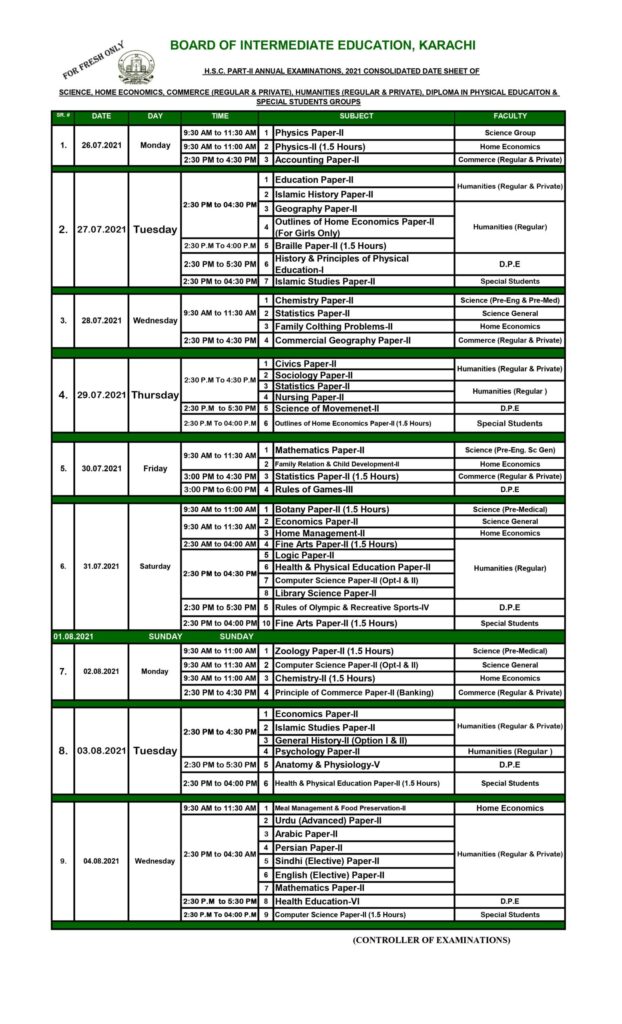 BIEK Karachi Board 12th Class Date Sheet 2021 for All Groups
