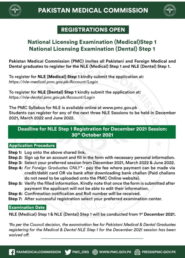 Advertisement for PMC NLE Medical & Dental Step 1 Registration