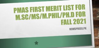 PMAS First Merit List for M.Sc/MS/M.Phil/PhD for Fall 2021