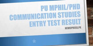 PU MPhil/Ph.D. Communication Studies Entry Test Result 2023