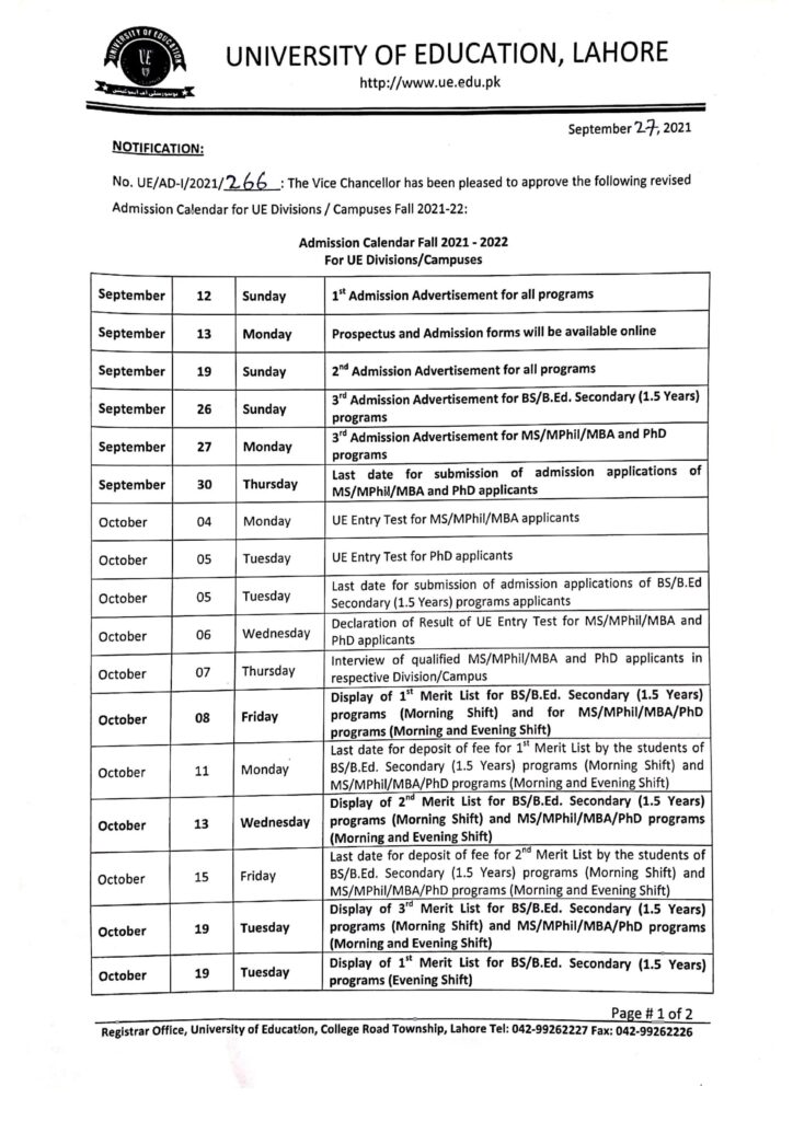 1 UE Admission Calendar Fall 2021-2022 for UE Divisions and Campuses