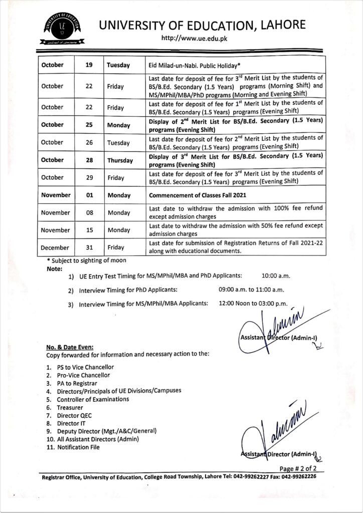 2 UE Admission Calendar Fall 2021-2022 for UE Divisions and Campuses