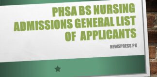 PHSA BS Nursing Admissions 2021 General List of  Applicants