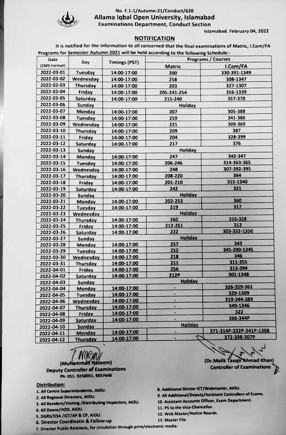 AIOU Final Date Sheet Matric & Intermediate Autumn Semester