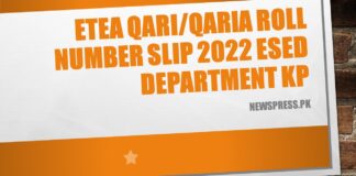 ETEA Qari/Qaria Roll Number Slip 2022 ESED Department KP