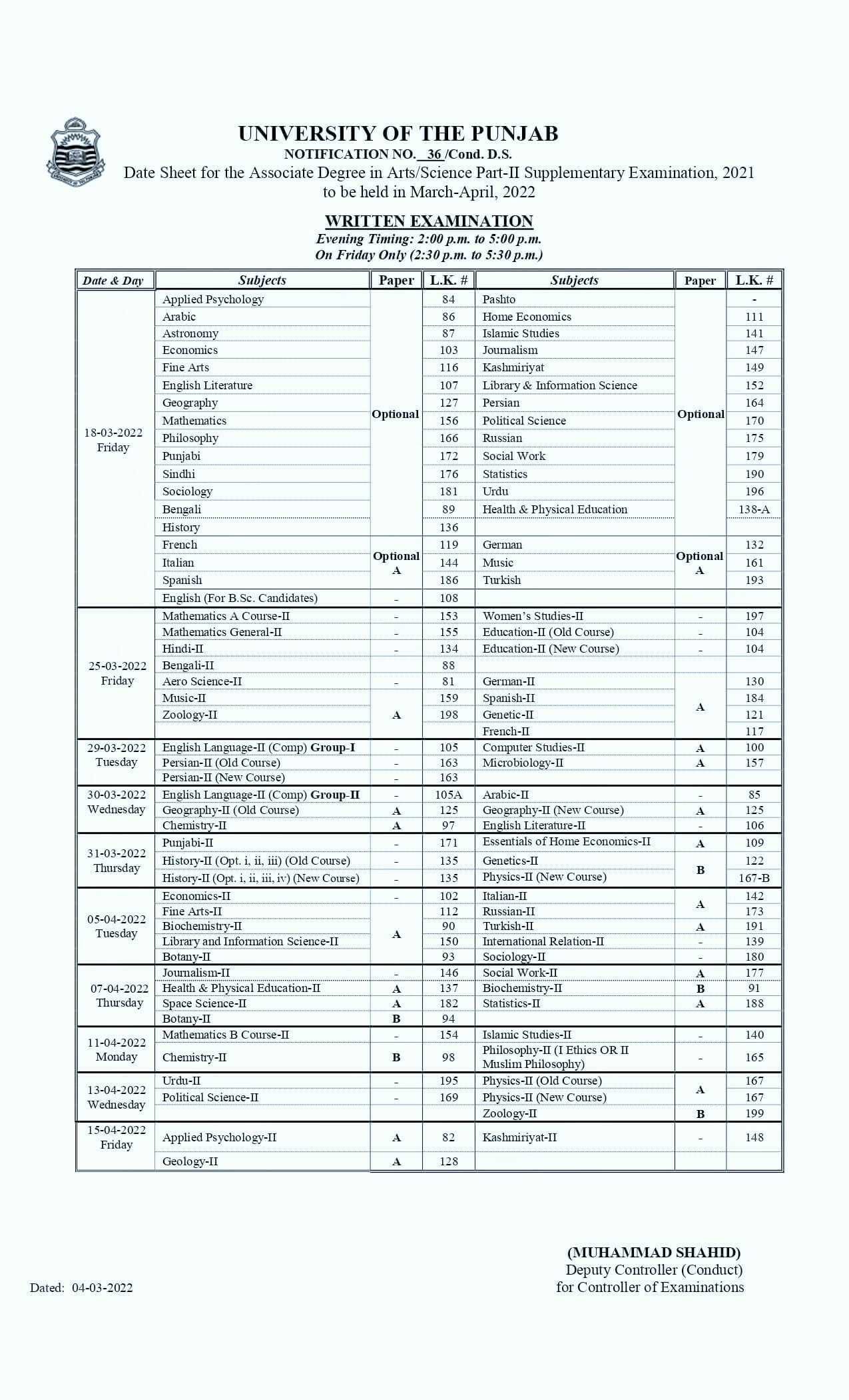 PU BA/BSc Part-2 Date Sheet 2022 Supply Exams