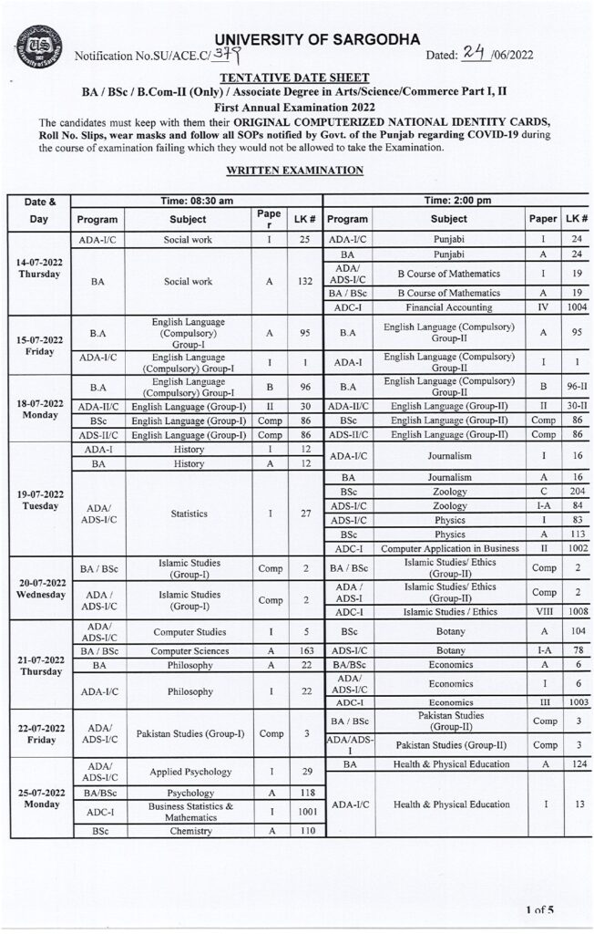 UOS B.A BSC ADS ADA ADC Date Sheet 2022