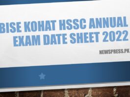 BISE Kohat HSSC Annual Exam Date Sheet 2022