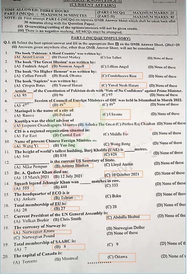 CSS Current Affairs 2024 MCQs Solved Past Papers