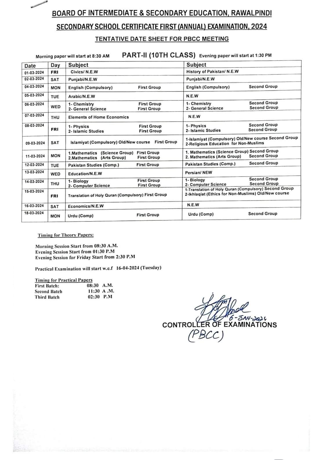 Date Sheet of 10th Class 2024 Rawalpindi Board Download PDF