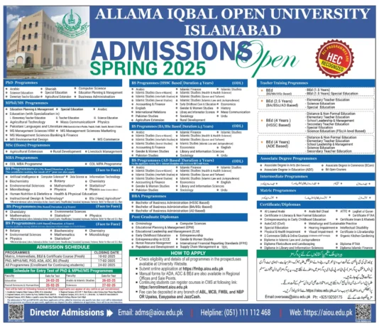 AIOU Matric Admission 2025 Last Date