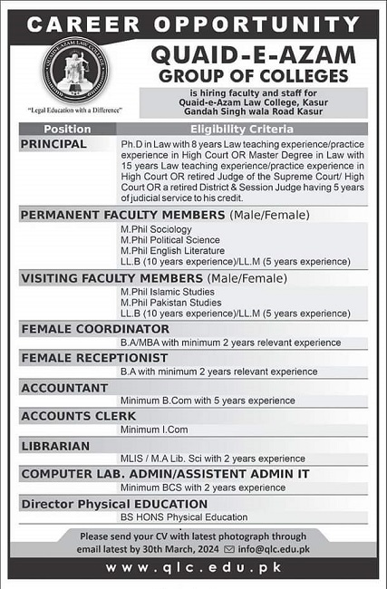 Quaid e Azam Group of Colleges Jobs 2024 Online Apply