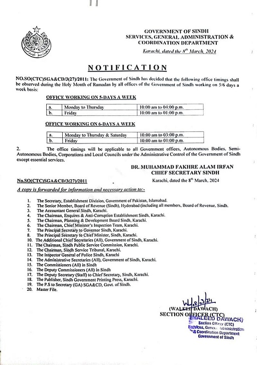 Office Timing Ramadan 2024 Notification Pakistan