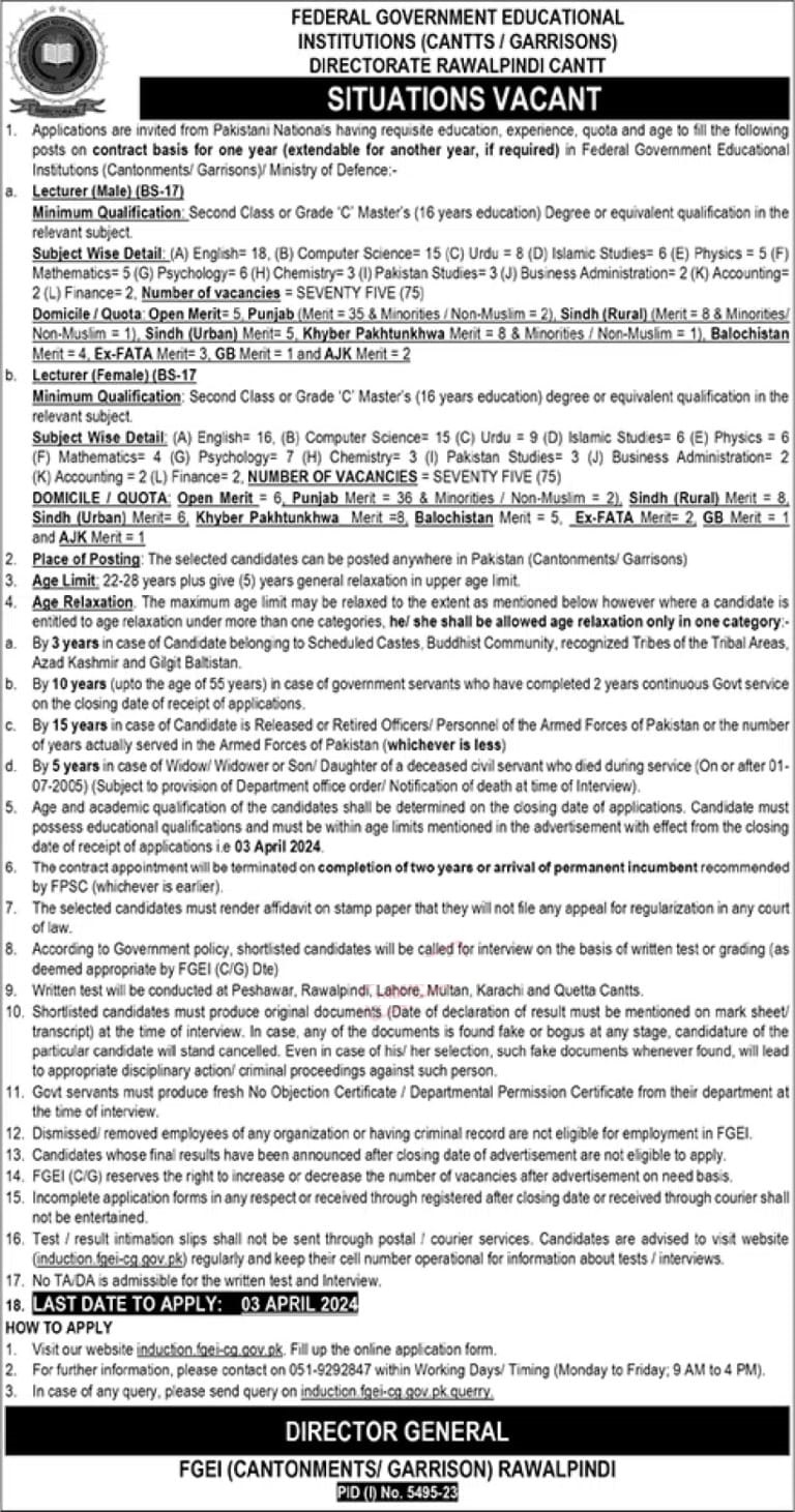 FGEI Jobs 2024 Online Apply Federal Government Educational Institutions