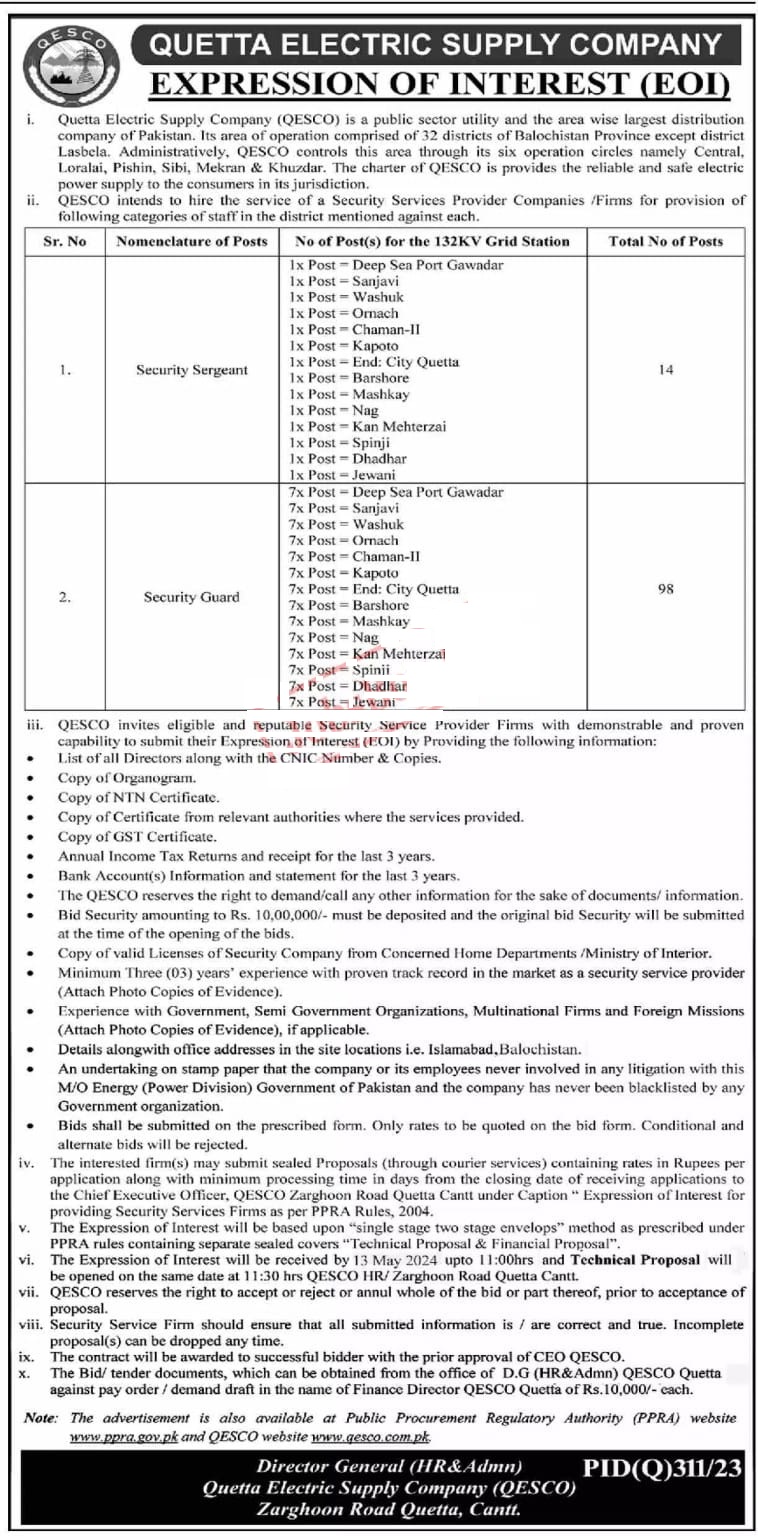 Quetta Electric Supply Company Jobs 2024 QESCO Online Apply