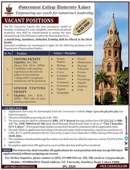 GCU Lahore Jobs 2024 Online Apply