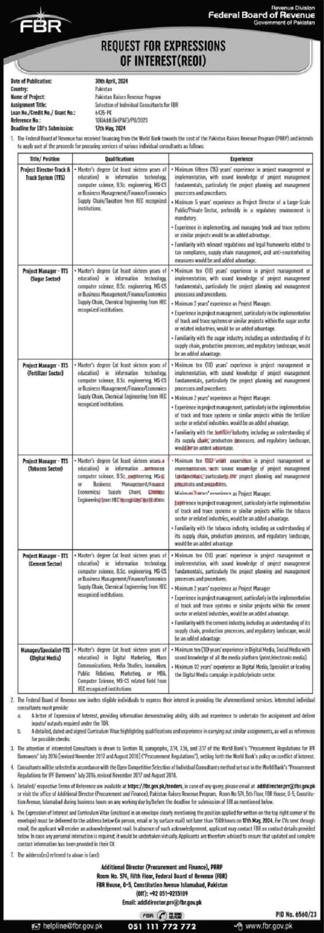 FBR Jobs 2024 Online Apply Federal Board of Revenue