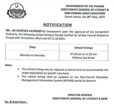 Punjab School Timing Notification 2024