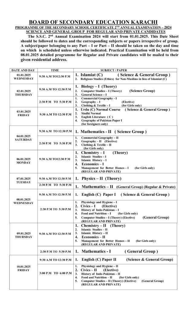 BISE Karachi Announces 2nd Annual SSC Exams Date Sheet