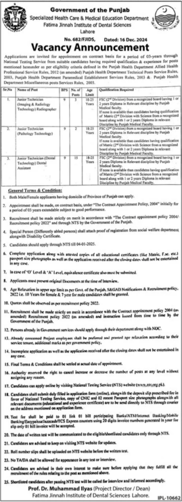 Fatima Jinnah Institute of Dental Sciences Jobs 2025 Latest Advertisement