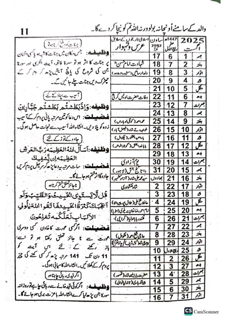 Jantri 2025 in Urdu and Punjabi August Month