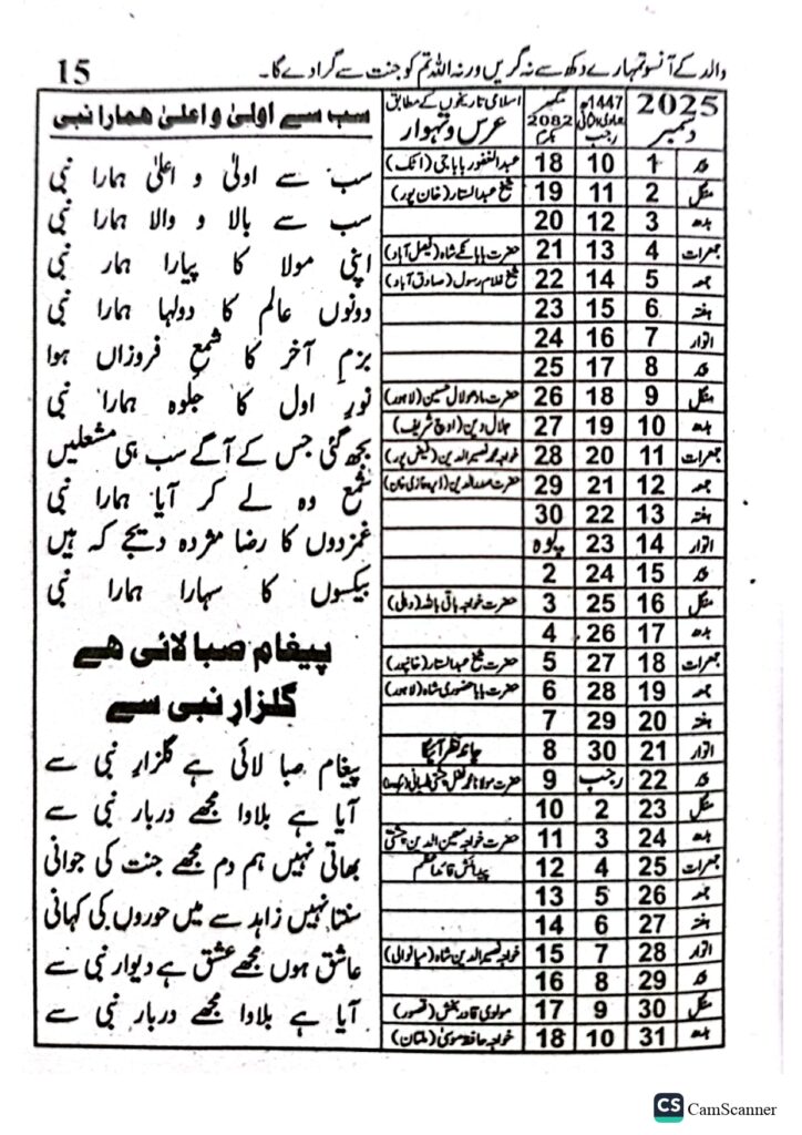 Jantri 2025 in Urdu and Punjabi December Month