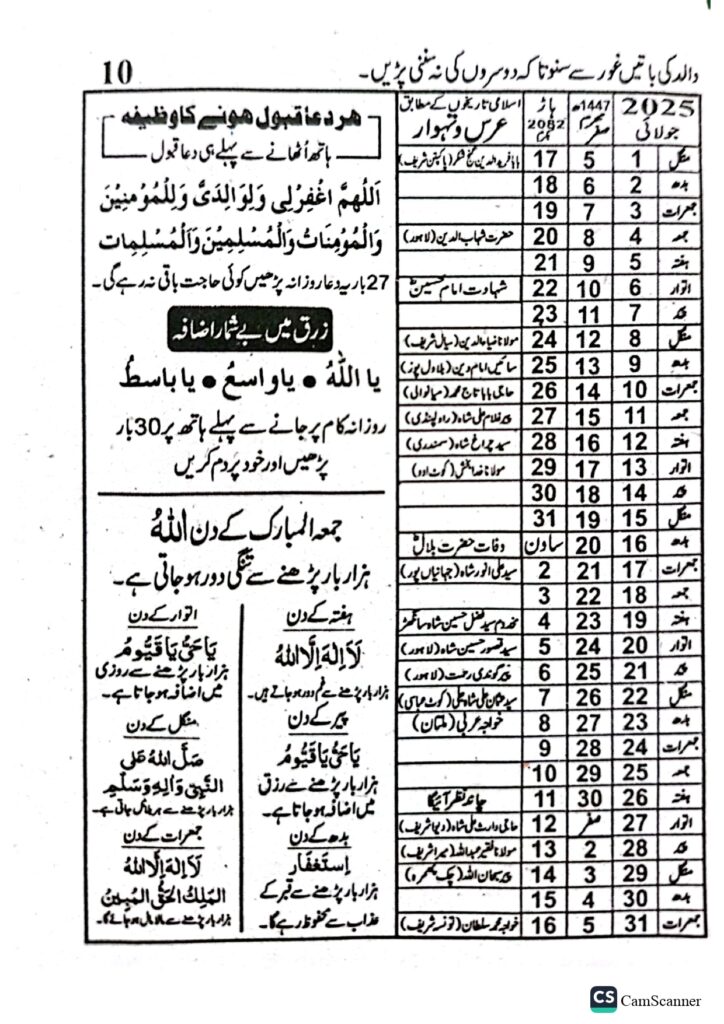 Jantri 2025 in Urdu and Punjabi July Month