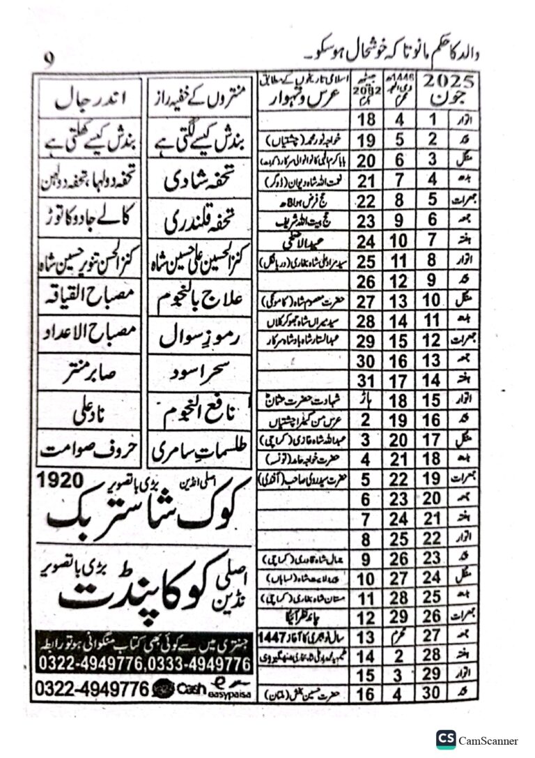 Jantri 2025 In Urdu And Punjabi PDF Free Download » Daily ILM