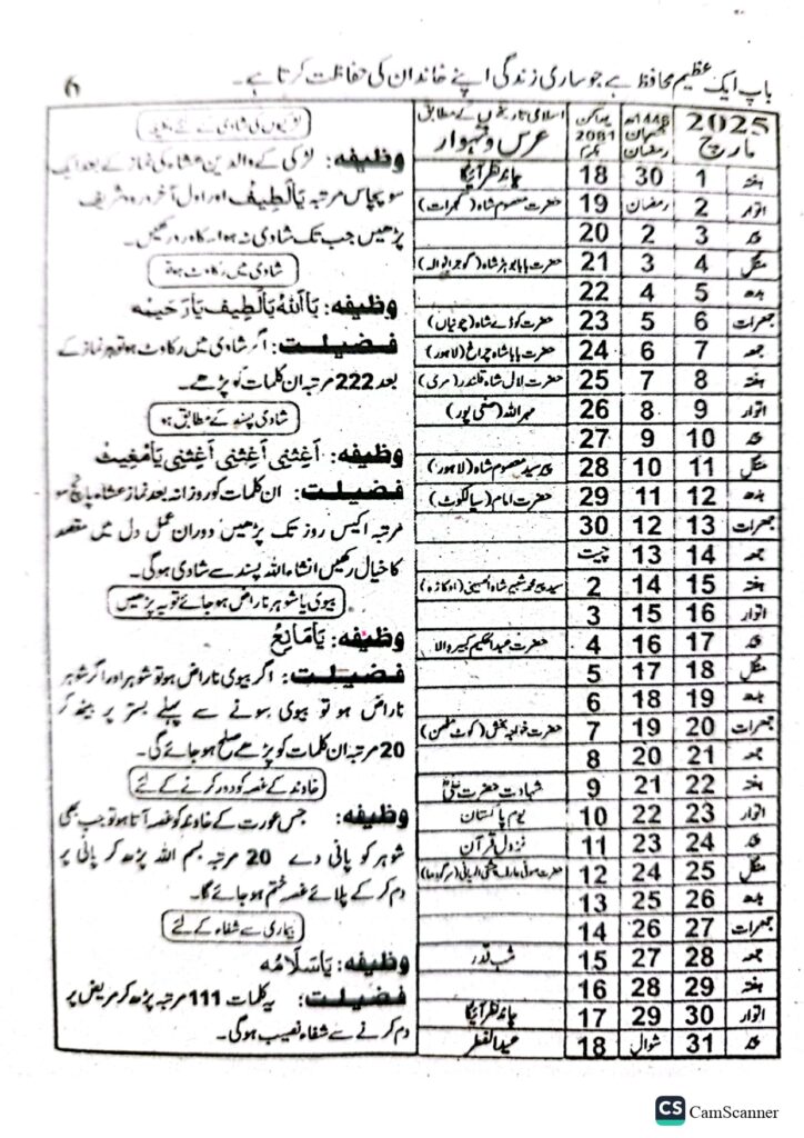 Jantri 2025 in Urdu and Punjabi March Month