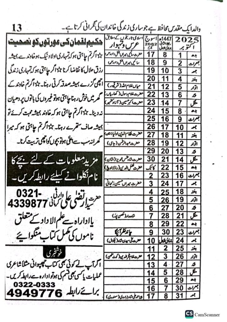 Jantri 2025 in Urdu and Punjabi October Month