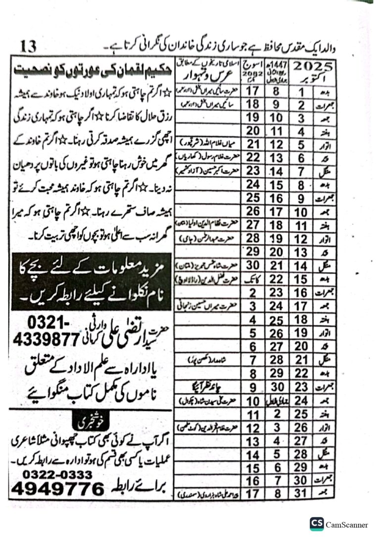 Jantri 2025 In Urdu And Punjabi PDF Free Download » Daily ILM