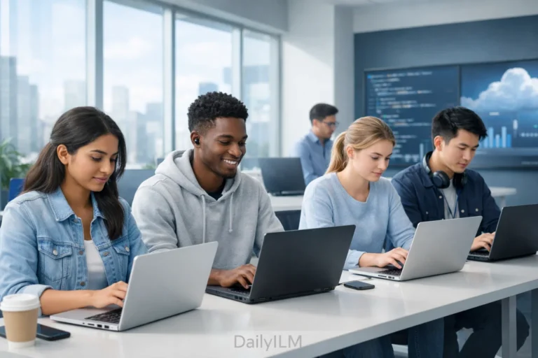 Students collaborating during a Microsoft internship program