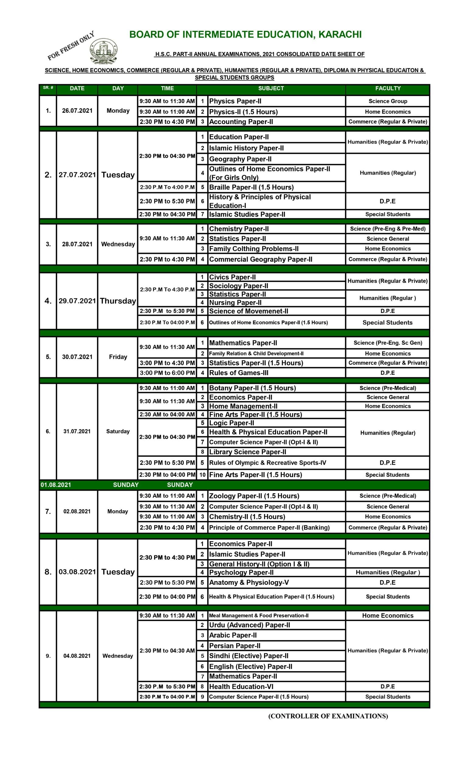 BIEK Karachi Board 12th Class Date Sheet 2021 for All Groups